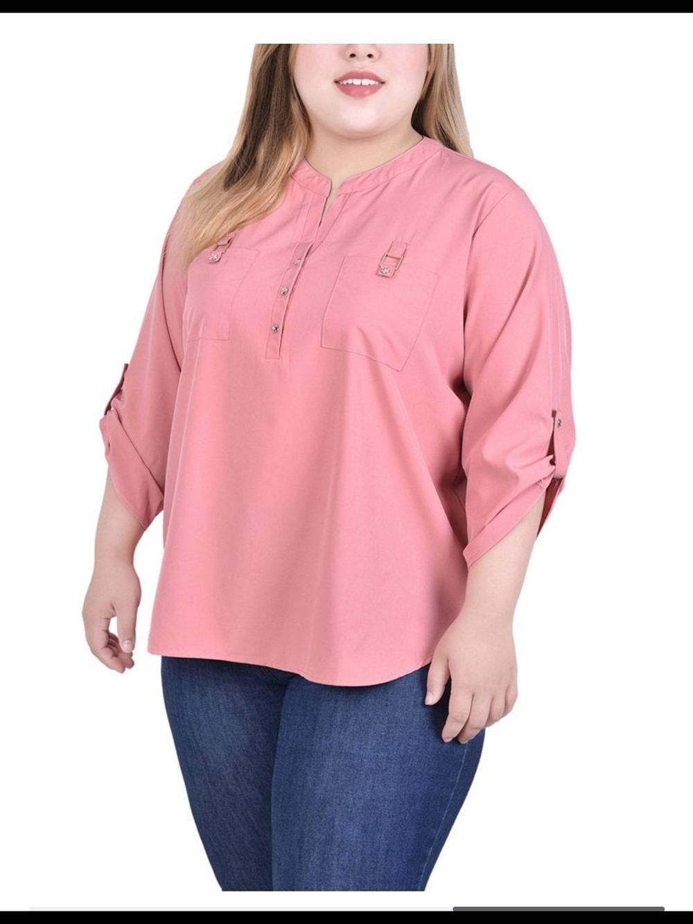 NY Collection Rose Pink Henley Roll-Tab Tunic Blouse Plus Size Top 22W+